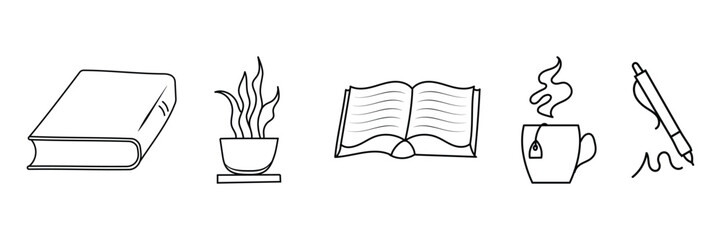 Set of outline education icon collection. Chat, info sign. Pencil and open book icons. Vector Illustration.