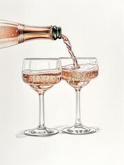 Vintage illustration of a champagne bottle from which wine is poured into glasses, concept of celebration, romance, drawn detailed illustration, postcard, free space for text