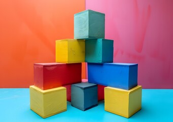 Obraz premium Colorful Wooden Blocks Stacked on a Blue Surface with a Pink and Orange Background