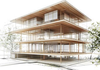 Modern wooden house architectural sketch