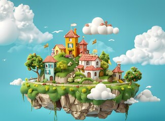 A whimsical illustration of a town on a floating island