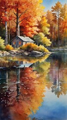 A peaceful watercolor lakeside view during autumn, with trees displaying vibrant orange, red, and yellow foliage along the shoreline