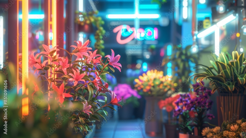 Poster this image shows a close-up of vibrant pink flowers in a shop window. the flowers are illuminated by