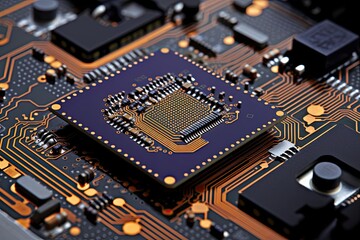 A close-up image of a neuromorphic computing chip showcasing intricate synapse-like connections between artificial neurons.