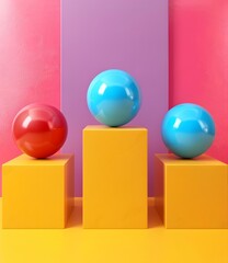 Fototapeta premium Colorful balls on podiums minimal background