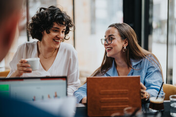 Two businesswomen smiling and engaged in a friendly conversation during a work meeting in a modern coffee bar environment.
