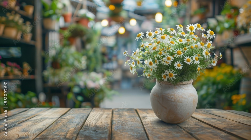 Poster a vase of white daisies with yellow centers sits on a wooden table in front of a blurred background 