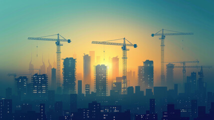 Obraz premium Silhouetted construction cranes towering over a city skyline at sunrise, highlighting urban development and industrial progress.