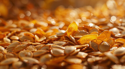 Close-up of pumpkin seeds, rich in texture and color, symbolizing autumn harvest and nutritious snacks