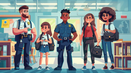 Obraz premium A school security officer stands confidently with students in a school hallway, emphasizing safety and education.