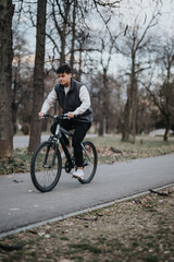 Fototapeta premium A young male teenager savors his free time by riding a bicycle outdoors, surrounded by trees in a tranquil park setting.