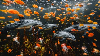 Aerial view of marine life in crystal clear ocean with dolphins, fish, jellyfish, and turtles