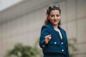 Confident businesswoman in blue pinstripe suit pointing and smiling outdoors, portraying a...