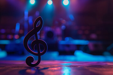 Black treble clef symbol stands against a colorful, blurred concert stage backdrop, exuding a vibrant and musical atmosphere