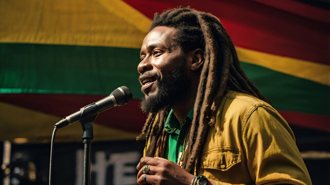 A man sings in celebration of international reggae day.