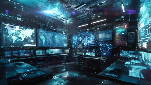 A futuristic office with a futuristic desk, holograms, futuristic displays and digital map