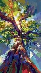 Obraz premium Colorful abstract tree reaching for the sky in urban setting