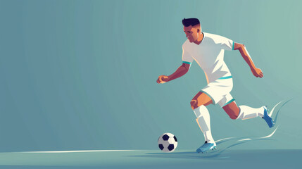 Fototapeta premium Vector illustration of a soccer player in white uniform dribbling a ball, isolated on a light background.