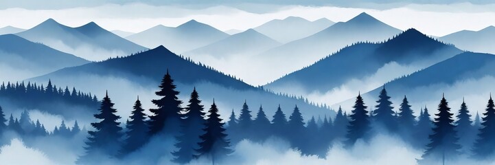Obraz premium Painting of a foggy mountain landscape with silhouettes of pine trees in the foreground. Wide banner