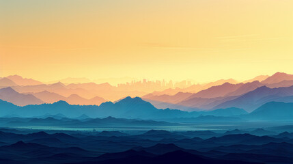 Fototapeta premium Minimalist illustration of a mountain range at sunset, with warm colors and distant peaks creating a serene atmosphere.