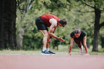 A male fitness coach is seen coaching a focused woman performing push-ups outdoors in a leafy park,...