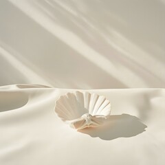 Seashell on beige fabric background