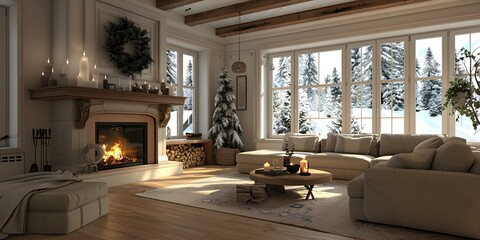 Cozy living room with fireplace and Christmas tree
