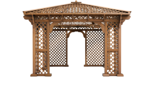 Large Wooden Gazebo with Intricate Lattice Work