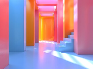 Blue and orange pastel color 3d rendering background with stairs
