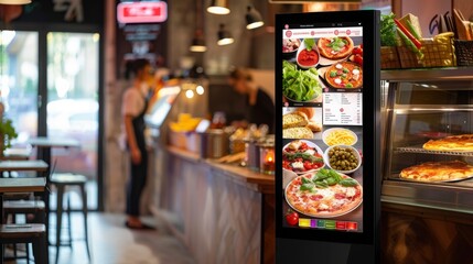 A digital menu board showcasing a variety of pizzas and other Italian dishes is displayed in a modern pizzeria.