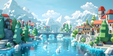 Low Poly Village by the River