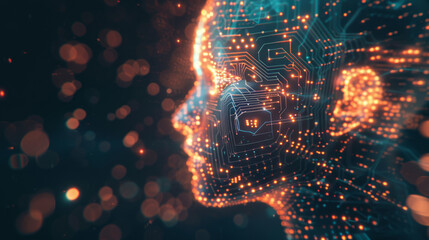 Abstract digital human head with glowing circuit board and futuristic technology background, concept of artificial intelligence, 3d rendering in the style of futuristic technology