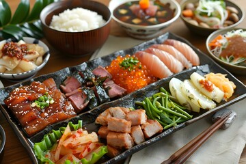 Japanese Food Plate with Sashimi, Rice, and Side Dishes