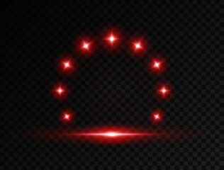 Red round light effect frame, illuminate ring with lamps isolated on transparent background. Magic fantasy portal, teleport. Vector cosmic vibrant circle border. Glowing neon bulbs