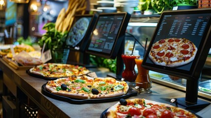 A pizza restaurant counter with three digital menu displays and freshly baked pizzas on a countertop. The displays show a variety of pizzas and toppings.