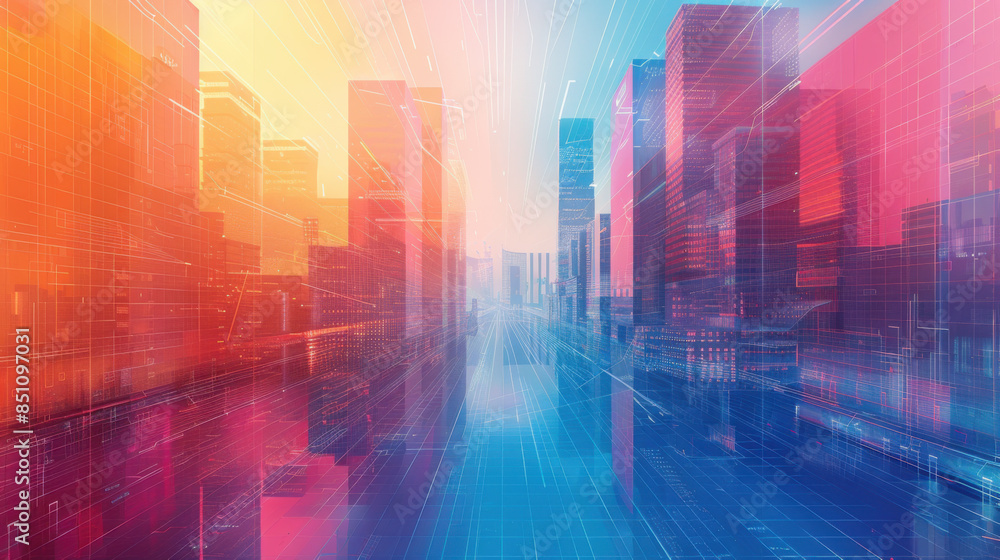 Poster abstract digital rendering of a futuristic cityscape with colorful overlay, representing technology 