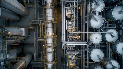 Industrial Complex Aerial View: Factory Infrastructure, Oil Refinery, Modern Industry 4.0 Network, And Large Plant With Pipes And Tanks, Cloud Computing Concept, Top View