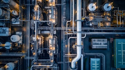 Industrial Complex Aerial View: Factory Infrastructure, Oil Refinery, Modern Industry 4.0 Network, And Large Plant With Pipes And Tanks, Cloud Computing Concept, Top View