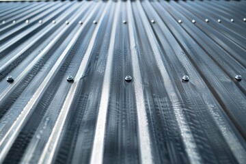 A metal roof with many small holes and screws. The roof is silver and has a shiny appearance