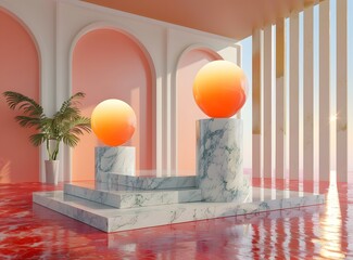 Abstract Minimalist 3D Render with Marble Platform and Orange Spheres