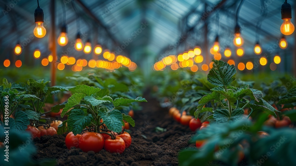 Poster red tomatoes growing on vines in a greenhouse lit by string lights.