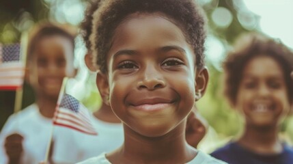 diverse kids holding small American flags for Fourth of July celebration - patriotism - childhood joy - national unity