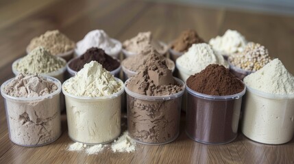 Fototapeta premium A collection of protein powders in various colors and flavors, displayed in plastic containers on a wooden surface.