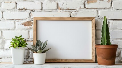 Wooden frame with inscription space and succulent on white brick wall