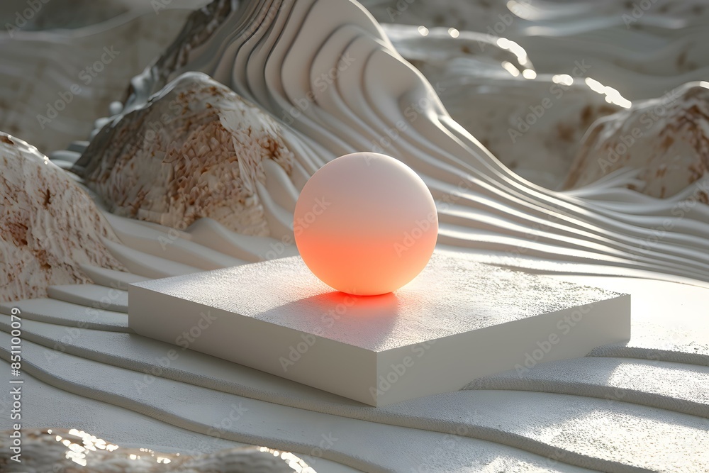 Canvas Prints 3D rendering of a glowing sphere on a white podium in a white textured landscape