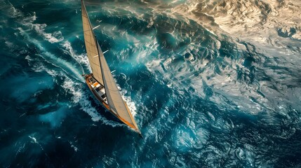 Obraz premium Sailing boat on rough sea from above
