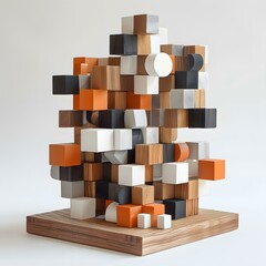 Wooden blocks of various shapes and colors arranged in a chaotic manner