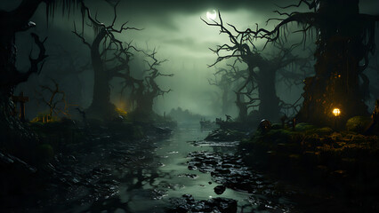 Spooky Swamp - Scary Marsh, Dead, Foggy Halloween Setting, Evil Scene, Haunted Swamp, Wicked Branches