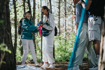 Friends laughing and conversing while hiking in the forest. They are equipped with outdoor gear and water bottles, surrounded by nature.