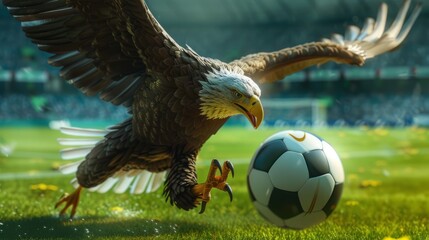 An eagle is flying down to grab the ball on the green soccer field.